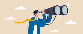 Digital art image of a business person looking through a large set of binoculars.